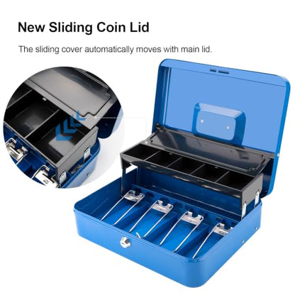 Jssmst Metal Cash Box with Money Tray and Lock, Portable Cash Drawer, 11.8" - color: Blue Key-C