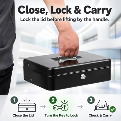 KYODOLED Cash Box with Money Tray and Key Lock, 1mm Thick Metal Cash Drawer - color: Black