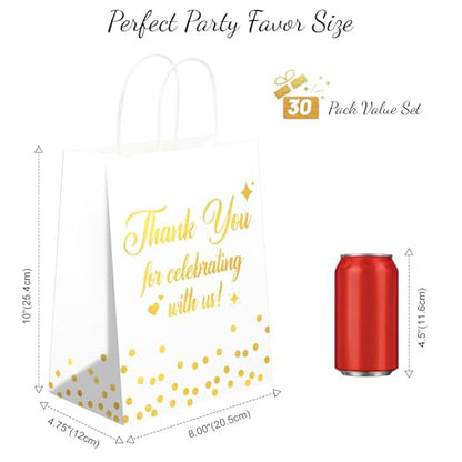 QIELSER 30 Pack Thank You Gift Bags, White and Gold Wedding Gift Bags for Guests, 8 x 4.75 x 10 in Thickened Kraft Paper Bags with Handles, Wedding Welcome Bags for Parties, Showers & Events - color: White