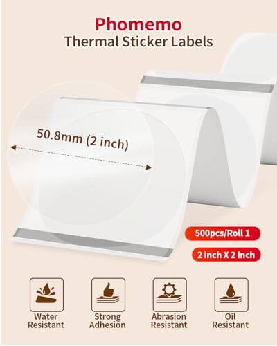 Phomemo 2” Circle Thermal Label, Self-Adhesive Round Sticker Labels, Circular Direct Thermal Printer Labels Compatible with Phomemo Shipping Label Printer, 500 pcs of Labels/Roll, Transparent - color: Transparent-500