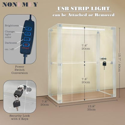 NONEMEY Acrylic Display case with Lock,2 Tier Lockable Security Display Case, Dustproof Protection Countertop Organizer Box for Collectibles (2Tier 14×8×16inch；35×20×41cm) - size: 2 tier-13.8*7.9*16.2in