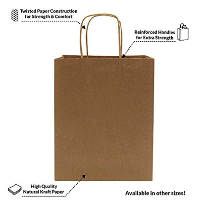 Prime Line Packaging Kraft Shopping Bags with Handles, 8x4x10 Inch, 50 Pack - size: 8x4x10 Inch