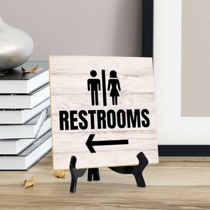 Restrooms Left 5"x 5" Square Table Sign With Acrylic Easel | General Office Notices & Business Table Signs - color: Restrooms Left