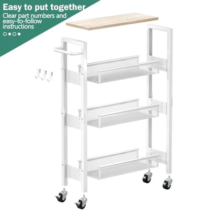 Vivihomety 4-Tier Slim Utility Rolling Laundry Cart with Wheels, Metal - color: White, size: 7.1 inch wide