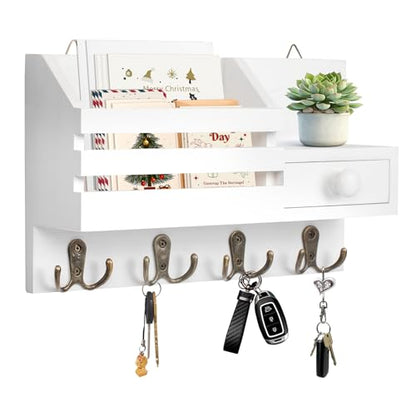 Key Holder Wall Mount, Wooden Key and Mail Organizer, White - color: White