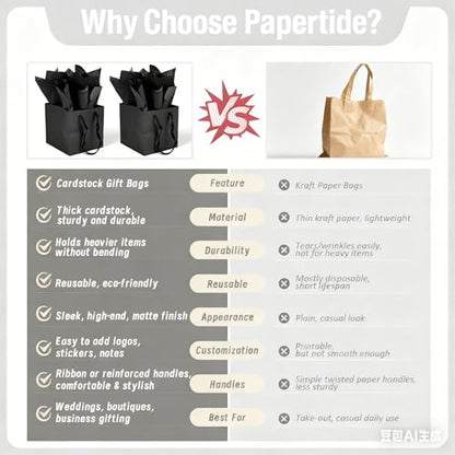 Papertide 12 Pack 6x6x6 inch Black Square Gift Bags with Tissue Ppaper - color: Black