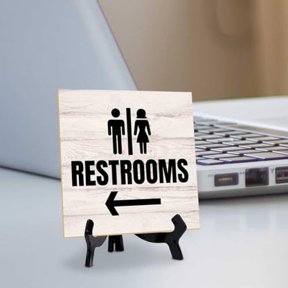Restrooms Left 5"x 5" Square Table Sign With Acrylic Easel | General Office Notices & Business Table Signs - color: Restrooms Left