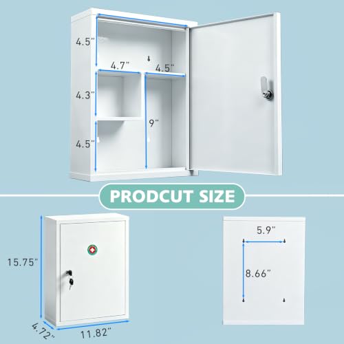 KYODOLED Locking Medicine Cabinet with Keys, Wall Mount, 15.75 Inch, White