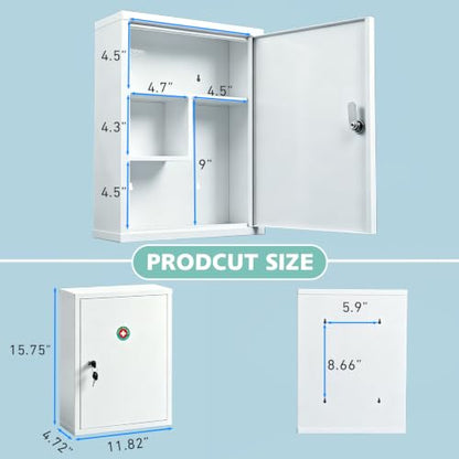 KYODOLED Locking Medicine Cabinet with Keys, Wall Mount, 15.75 Inch, White