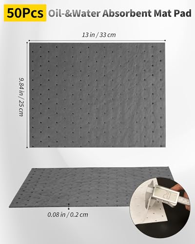 Oil Absorbent Pads, 9.8" x 13" Heavyweight Oil&Water Absorbent Mat Pad, Dimpled Leak Proof Pad, Microfiber Polypropylene, Absorbs Oil Grease Coolant Water-Based Fluids, for Car Motorcycle(Gray, 50Pcs)