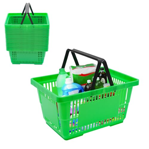 12Pcs Plastic Shopping Baskets with Handles, 18L Stackable Grocery Basket Bulk, Durable Plastic Shopping Cart, Large Portable Store Baskets for Retail Store Supermarket Supplies,19" x 13" x 10" - color: Green