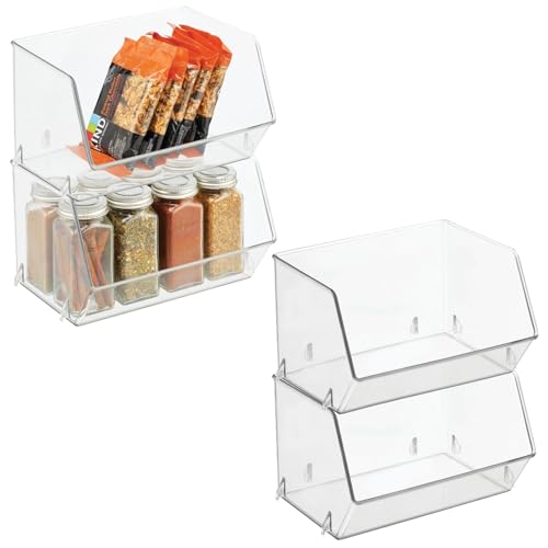 mDesign Plastic Open Front Food Storage Bin for Kitchen Cabinet, Pantry, Shelf, Fridge/Freezer - Organizer for Fruit, Potatoes, Onions, Drinks, Snacks, Pasta - 5" Tall - 4 Pack - Clear