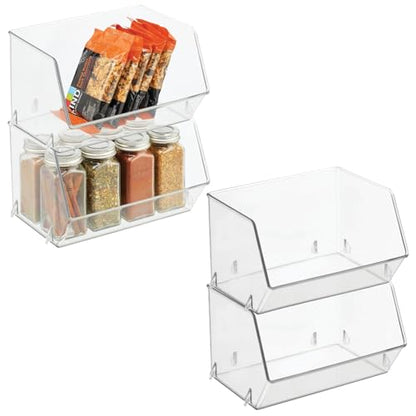 mDesign Plastic Open Front Food Storage Bin for Kitchen Cabinet, Pantry, Shelf, Fridge/Freezer - Organizer for Fruit, Potatoes, Onions, Drinks, Snacks, Pasta - 5" Tall - 4 Pack - Clear