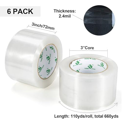BOMEI PACK 3Inch Wide Clear Silent Packing Tape, 6Rolls 2.4Mil X 110Yds Heavy Duty No Noise Quiet Tape 3” for Moving, Shipping, Mailing, Storage and Packaging - size: 3inch x 110yds