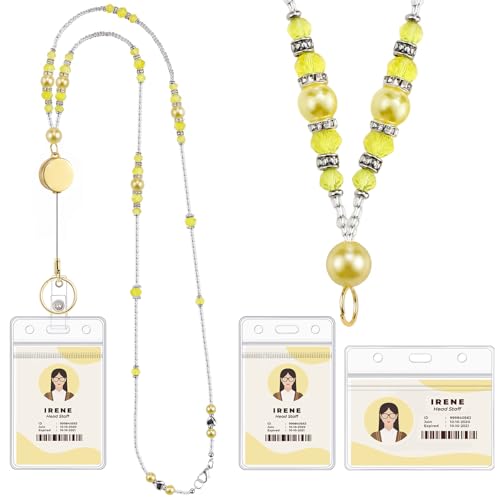 Beaded Teacher Lanyard with Retractable Badge Reel, Yellow - color: Yellow