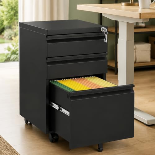 3 Drawer Metal File Cabinet with Lock & Rolling Casters - color: Black