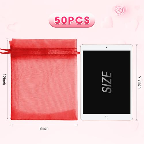 ANZNKU 50 Pcs Large Organza Bags 8x12, Red Small Mesh Gift Bag Drawstring - color: Red