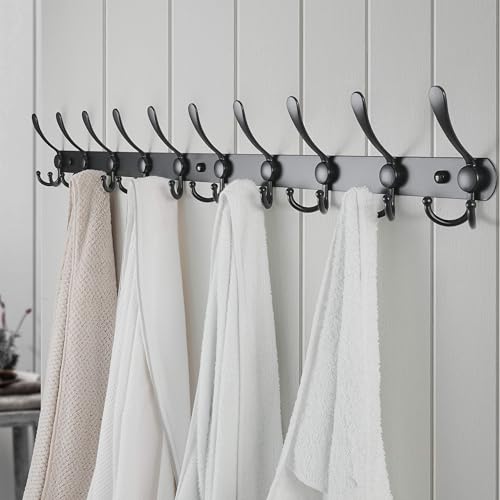 Dseap Coat Rack Wall Mount - 38” Long 10-Tri-Hooks Heavy Duty Coat Hanger Rail Wall Hooks for Hanging Coats Hats Clothing Clothes Purse Mudroom Entryway, Black, Pack of 2 - color: Black, size: L=38” (2 Pcs)