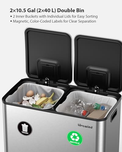 Lovewind Trash Can, 2 x 10.5 Gallon (2 x 40 L) Garbage Can for Kitchen Dual Compartment Recycling Kitchen Step Trash Bin, Stainless Steel Trash and Recycle Bin Combo with Soft-Close Lid, Silver - color: Silver