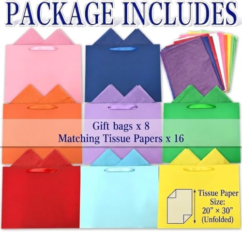 WrapNGo Gift Bags with Handles, 8 Colors with Tissue Paper 8x5x10 Inch - color: 8 Colors-8x5x10 Inch