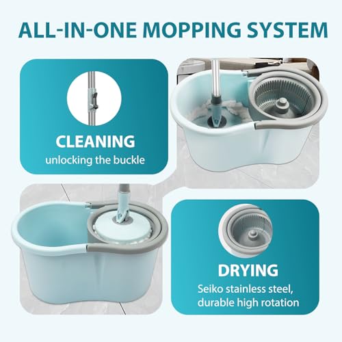 Spin Mop and Bucket with Wringer Set, Operable 360° Rotating Mop Bucket Set with 3 Microfiber Replacement Head, Stainless Steel Extended Handle for Floor Cleaning Home Office（Blue）