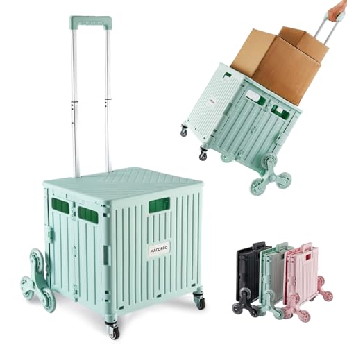 MACOPRO Foldable Utility Cart with Stair Climbing Wheels, Collapsible Rolling Crate with Telescoping Handle, Shopping Trolle Handcart Grocery Book File Tool Art Supplies Teacher Storage Basket(Green) - color: Green