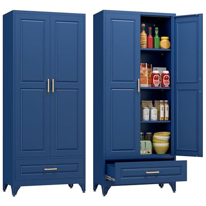 Polup 75" Metal Storage Cabinet, Tall Kitchen Pantry Cabinet with 1 Drawer - color: Blue, size: 75"H - 1 Drawer