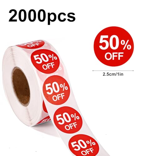 2000pcs 50% Discount Stickers, 1in Round Self Adhesive 50 Percent Off Signs