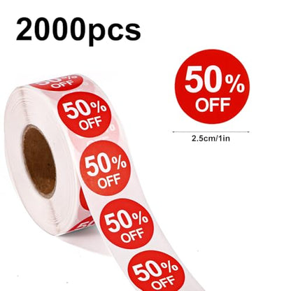 2000pcs 50% Discount Stickers, 1in Round Self Adhesive 50 Percent Off Signs