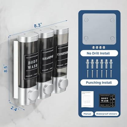 Shampoo and Conditioner Dispenser Shower Dispenser 3 Chamber No Drill Shampoo Dispenser for Shower Wall Mounted Shower Dispenser Body Wash for Bathroom Hotel Large Capacity,Matte Silver - color: Matte Silver