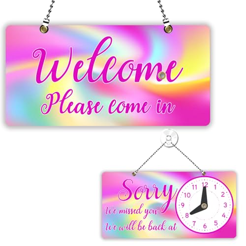 PLIGREAT Rainbow Swirl Double Sided Open Closed Sign with Clock Welcome Please Come In Sorry We Missed You Signs for Business Retail Store Window Wall Decor Hanging Door Signs with Chain, Pink - style: Rainbow Swirl
