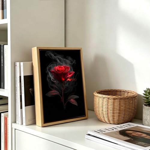 Dark Moody Aesthetic Rose Bedroom Wooden Box Sign 8x12 Inch - color: Red Rose with Smoke
