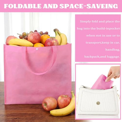 Boao 48 Pack Reusable Grocery Bags 13''L x 9.4''W x 15''H Large Foldable Shopping Tote Bag Non Woven with Handle and Button - color: Pink