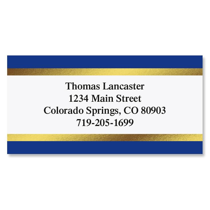 Blue and Gold Foil Border Return Address Labels - Set of 144 1-1/8" x 2-1/4" Self-Adhesive, Flat-Sheet Labels - style: Blue and Gold