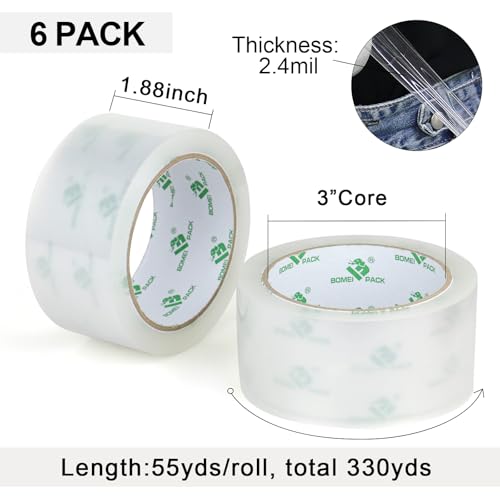 BOMEI PACK No Noise Quiet Clear Packing Tape, Heavy Duty Packaging Tape, Refill Rolls for Sealing Packing and Shipping, 2.4Mil 1.88Inch 55Yards 6rolls, with Free Dispenser - size: 1.88in x 55yds