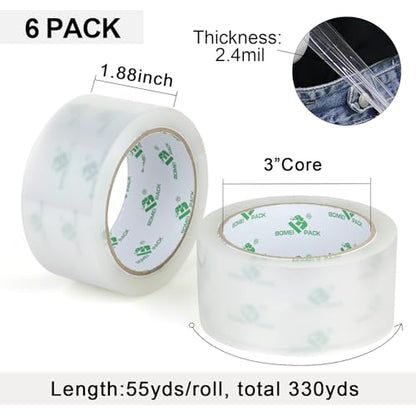 BOMEI PACK No Noise Quiet Clear Packing Tape, Heavy Duty Packaging Tape, Refill Rolls for Sealing Packing and Shipping, 2.4Mil 1.88Inch 55Yards 6rolls, with Free Dispenser - size: 1.88in x 55yds