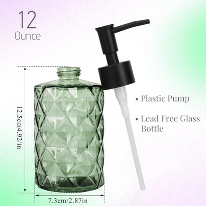 Green Glass Soap Dispenser with Pump, 12 oz Refillable Soap Dispenser, Diamond Textured Hand & Dish Soap Bottle for Bathroom, Kitchen, Lotion & Shower Gel - color: Diamond Green