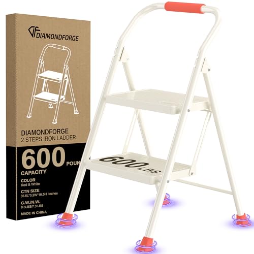 Step Ladder Foldable Folding Stool - for Home Adults Kitchen 2 Stepping Extension Tall Heavy Duty with Handrails - Closet Stepstool Stair Ladders Extendable Stepladder for Indoor House 600Lbs - color: Red and White, size: 2 Step
