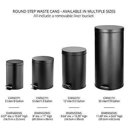 mDesign 3.2 Gallon/12 Liter Round Metal Step Trash Wastebasket, Garbage Container Bin for Bathroom, Powder Room, Bedroom, Kitchen, Craft Room, Office - Removable Liner Bucket - Black - color: Black, size: 12 liter