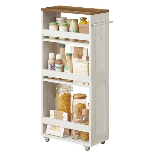 VASAGLE 4-Tier Slide-Out Storage Cart, Slim Kitchen Cart with Wheels - color: Rustic White + Honey Brown, size: 7.9"D