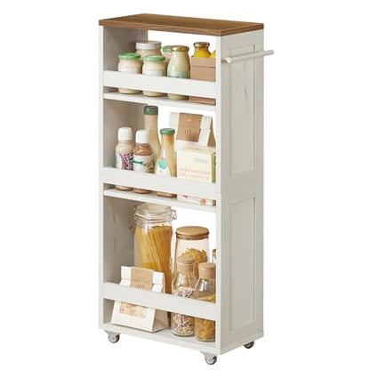 VASAGLE 4-Tier Slide-Out Storage Cart, Slim Kitchen Cart with Wheels - color: Rustic White + Honey Brown, size: 7.9"D