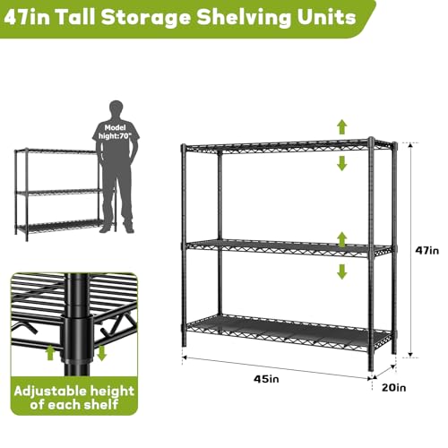45" Small Wire Shelving Unit, 3-Tier Utility Storage Rack - color: Black, size: 45" L x 20" W x 47" H