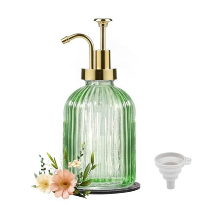 SheeChung 12oz Green Glass Liquid Soap Dispenser, Gold Pump, Striped,1 Pack - color: Green, Gold Pump, 1pc