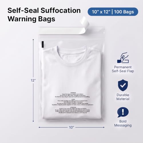 10” X 12” (100 Count) Self Seal Clear Poly Bags with Suffocation Warning - size: 10" X 12"