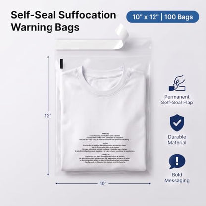 10” X 12” (100 Count) Self Seal Clear Poly Bags with Suffocation Warning - size: 10" X 12"
