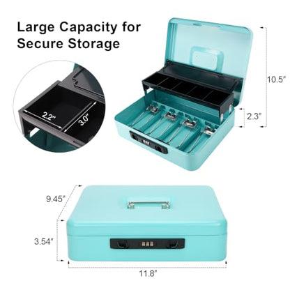 Jssmst Metal Cash Box with Money Tray and Lock, Portable Cash Drawer, 11.8" - color: Light Blue Code-B
