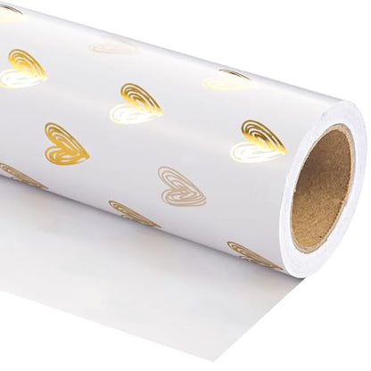 WRAPAHOLIC Heart Wrapping Paper Roll - Mini Roll - 17 Inch x 16.5 Feet - Gold Foil Heart Design for Valentines Day, Wedding, Bridal Shower, Birthday, Baby Shower - color: Pink & Gold - Heart, size: 17 inch x 16.5 feet