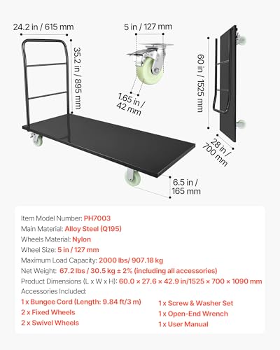 VEVOR 2000 LBS Heavy Duty Platform Truck, Upgraded Version with Larger Deck (60" x 28"), Industrial Steel Flatbed Cart with Swivel Wheels, Push Cart Dolly for Warehouse/Garage/Moving/Garden - size: 60.0 x 27.6 x 42.9 in/1525 x 700 x 1090 mm