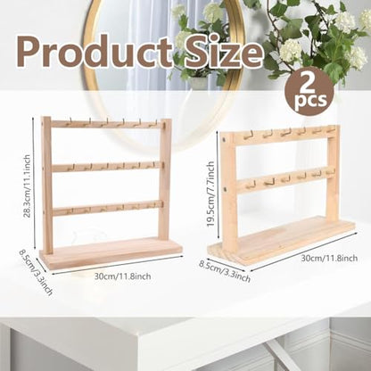 2 Pack Keychain Display Stand, Wooden Key Holder Display for Vendor Booth, Retail Store, Home Organization for Jewelry, Badges, Accessories (30 hooks)