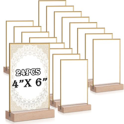Vinsot 24 Pack 4 x 6 Inches Gold Acrylic Sign Holder with Wood Base - color: Gold, size: 4 x 6 inches